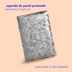 Agenda com Paetê Prata – 14x21 cm  14x21cm Prata  Paetê Não Pautada, Não Datada